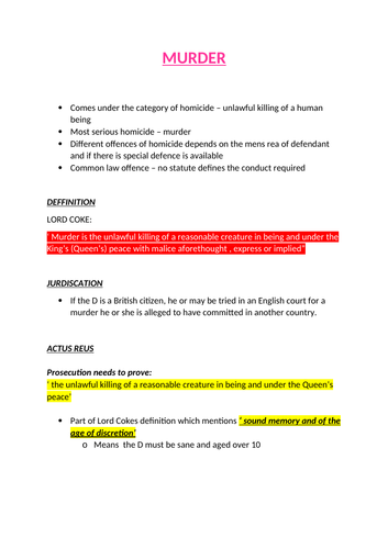 OCR ALEVEL LAW - MURDER  A/A* NOTES