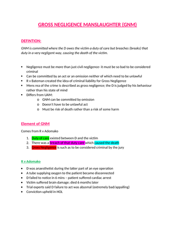 OCR A LEVEL NOTES : GROSS NEGLIGENCE A/A* NOTES