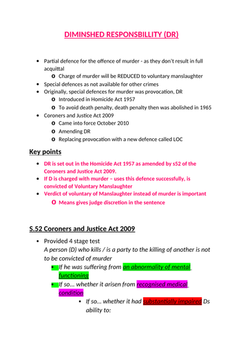 OCR A LEVEL NOTES : DIMINISHED RESPONSIBILITY A/A* NOTES