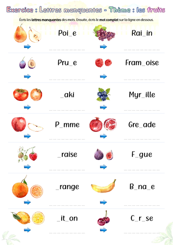 [French A1] Complete the words (missing letters). Fruits