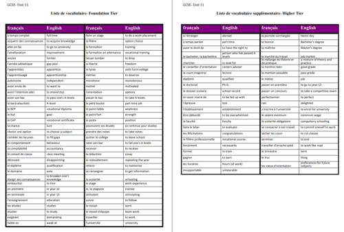 Unit11- Vocabulary List- GCSE French