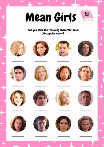 Mean Girls Movie Character Quiz. Game Sheet and Answers - Lesson Filler