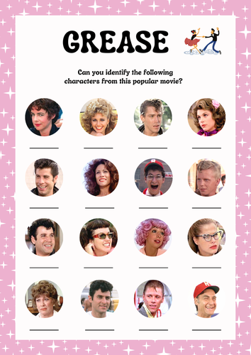 Grease Movie Character Quiz. Game Sheet and Answers - Lesson Filler.