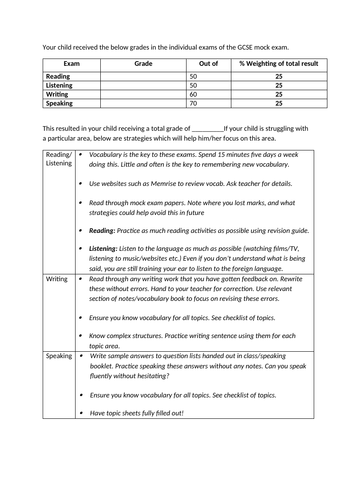 MFL GCSE Mock exam review sheet