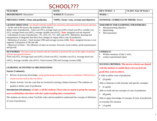 Lesson Plan on Economics on Revenue Cost and Objectives