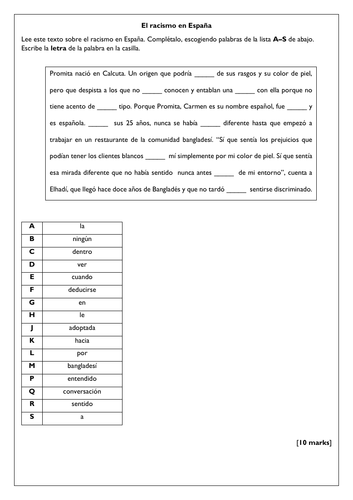 Spanish A Level Reading AQA Gap Fill Exam Practice (5 Questions)