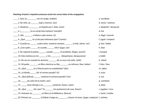 Preterit v imperfect sentences matching practice