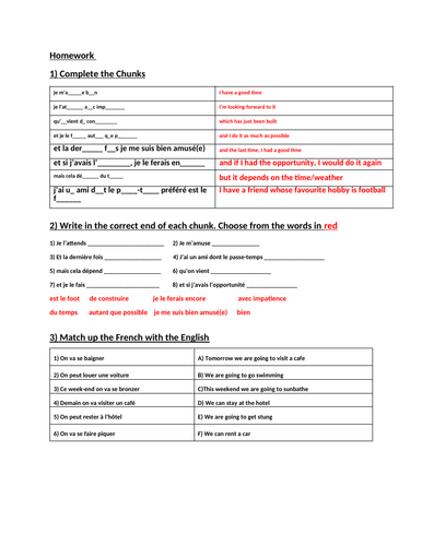 Chunks Homework (holiday vocab included)