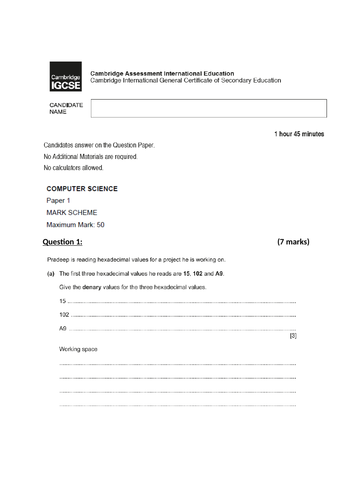 IGCSE Year 10 and 11 Computer Science TEST 1 and 2 with answers