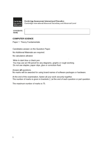 AS/ A Level Computer Science TEST 1 with Answer