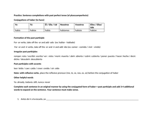 Past perfect pluscuamperfecto sentence completion practice