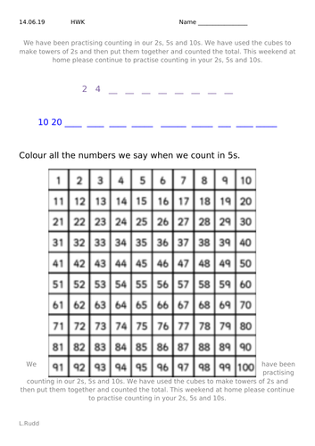 2s,5s,10s Homework Sheet | Teaching Resources