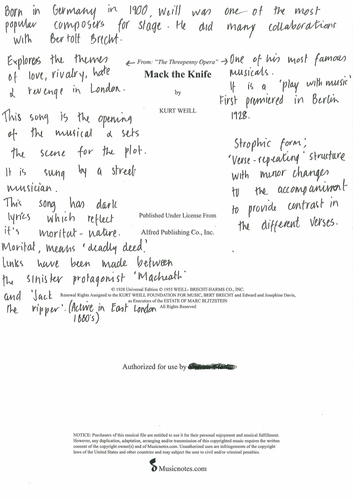 Mack The Knife Annotated Score Kurt Weill A Level Music