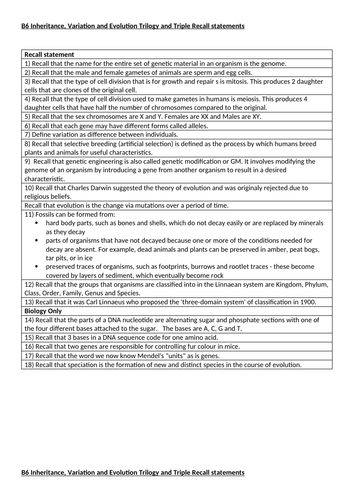 AQA GCSE Biology B1-B7 Checklist, Recall statements and Recall tests