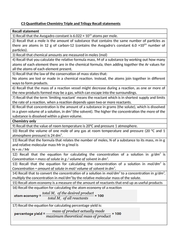 AQA Chemistry C1-C10 Checklists, Recall statements and Recall tests