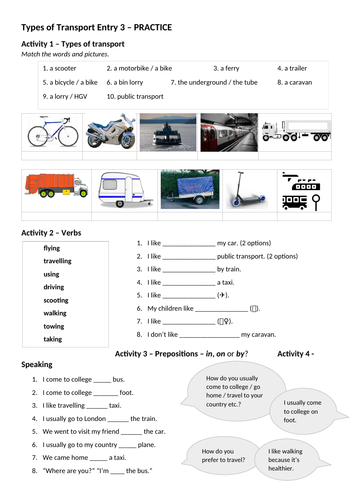 Types of Transport ESOL Entry 3 EAL ESL B1