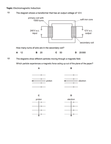 ELECTROMAGNETIC INDUCTION(IGCSE 0625 CLASSIFIED MCQ WORKSHEET)