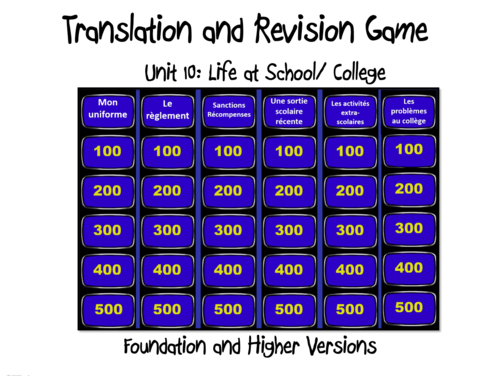 Translation and Revision Game- Unit 10- Life at School/ College- GCSE French