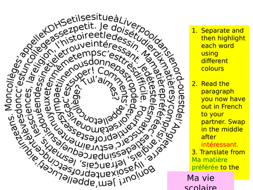 School spiral and wave reading and translation tasks ideal for cover or homework