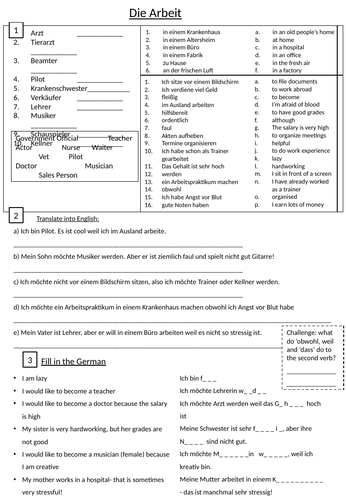 Conti Style worksheet- die Arbeit (work) GCSE