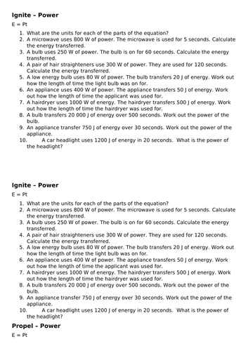 Energy power time differentiated worksheet science physics key stage 4