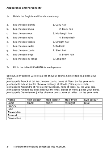 Year 7 - Appearance and Personality worksheet - French