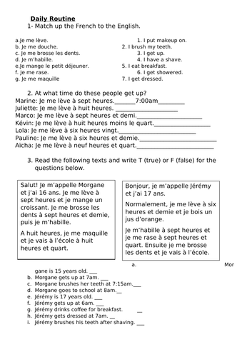 Year 7 - Daily Routine worksheet - French
