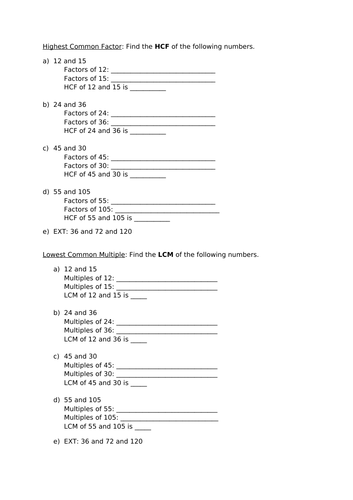 HCF and LCM by listing - scaffolded exercise