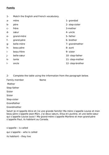 Year 7  - Family worksheet - French