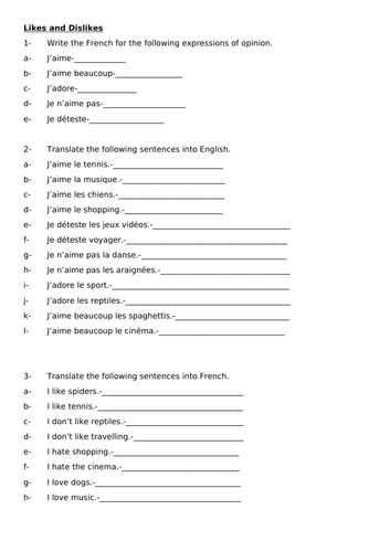 Year 7  - Preferences worksheet - French