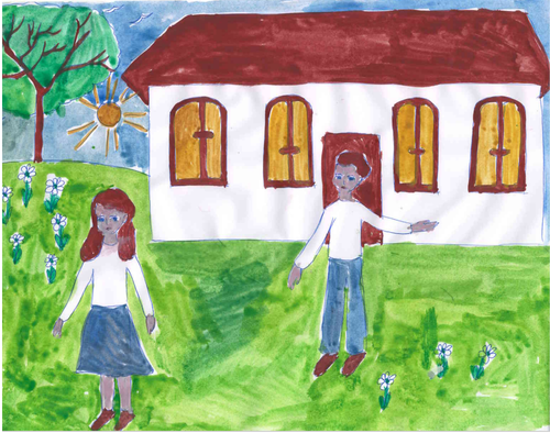 Two children in front of their house