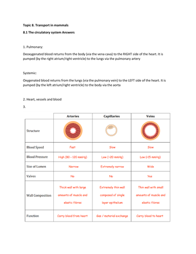 AS Biology-Topic 8-The circulatory system - Worksheet and Mark scheme