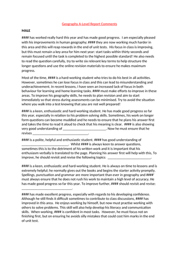 A/AS-Level Geography Student Report Comments KS5