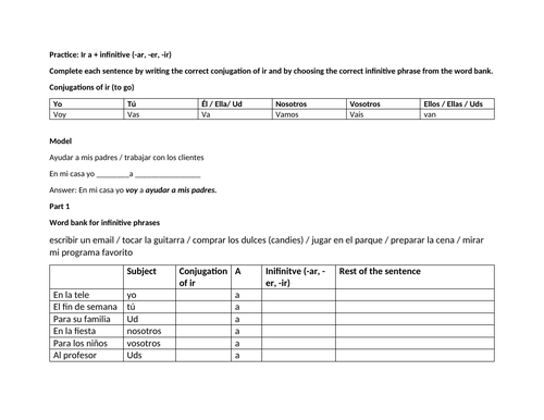 Worksheet ir a infinitive Spanish