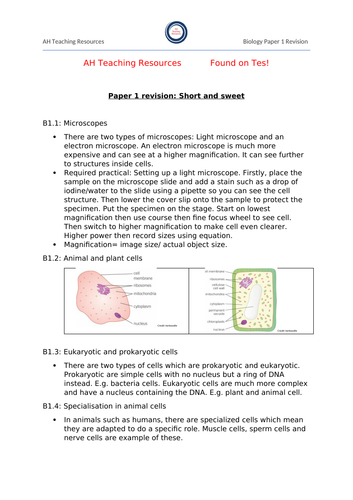 AQA GCSE Biology Paper 1 Summary Short and Sweet