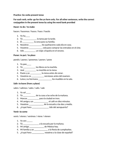 Go verbs spanish practice worksheet