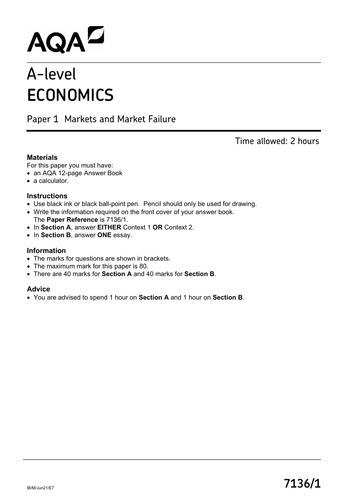 2021 AQA A level Economics Paper 1 Question Paper