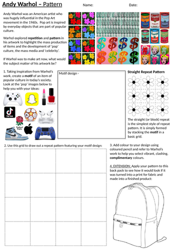 Pop Art Pattern - Andy Warhol Worksheet, Cover Lesson, Homework Activity
