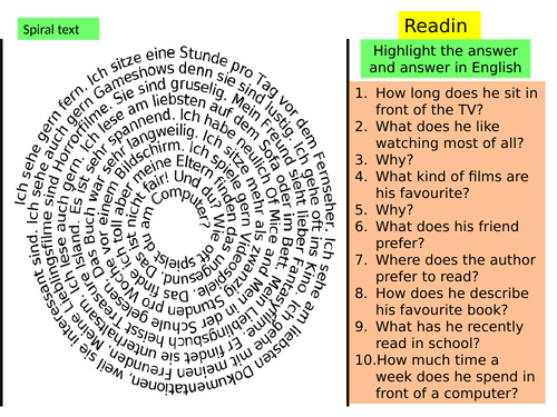 Stimmt 2 revision - spiral reading tasks - chapter 2 - TV/FILMS/BOOKS/SCREENTIME