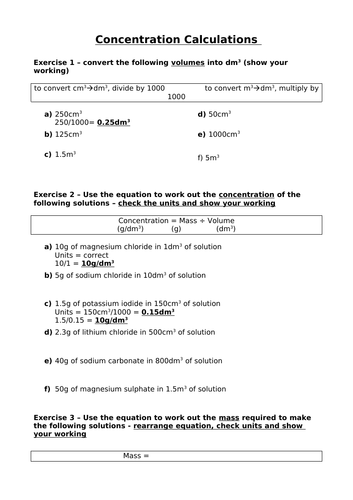 Concentration calculations, Quantitative Chemistry, GCSE, AQA