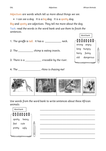 Adjectives EAL worksheets Y3