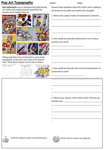 Pop Art Typography - Roy Lichtenstein Cover Lesson, Worksheet, Homework Activity