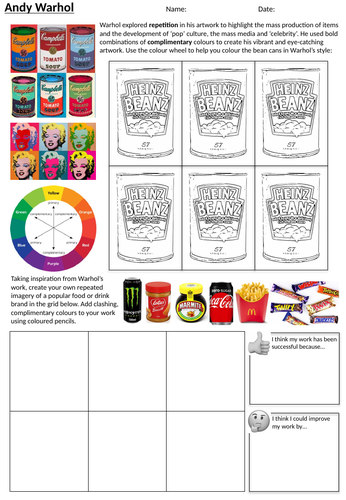 Pop Art - Andy Warhol Complimentary Colours Worksheet, Cover Lesson or Homework Activity