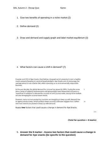 Edexcel Business A level: Theme 1 recap quizzes