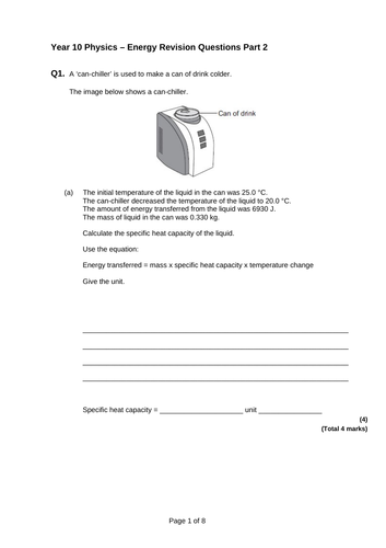 Year 10 Physics Energy Exam Questions