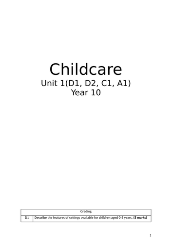 Childcare Unit 1 Booklet D1,D2,C1,A1