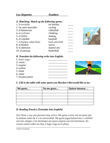 Spanish Types Of Sports Vocabulary Matching Worksheet & Answer Key