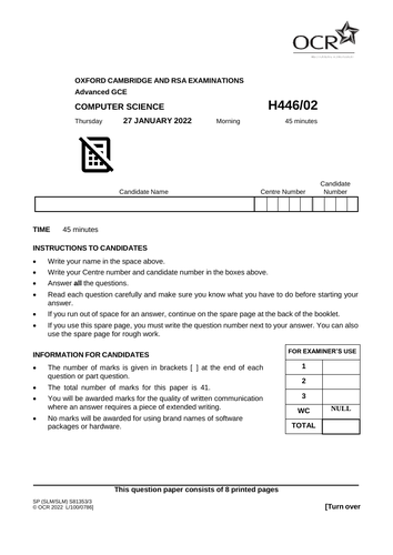 OCR A level computer science topic test (Computational methods)