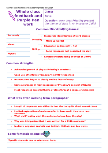 An Inspector Calls - Model paragraph and whole class feedback sheet