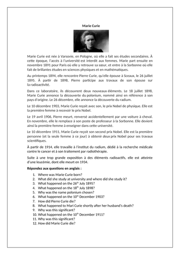 AQA / EDEXCEL Studio GCSE French (Higher) – Module 1 – Il était une fois – Page 19 - Marie Curie